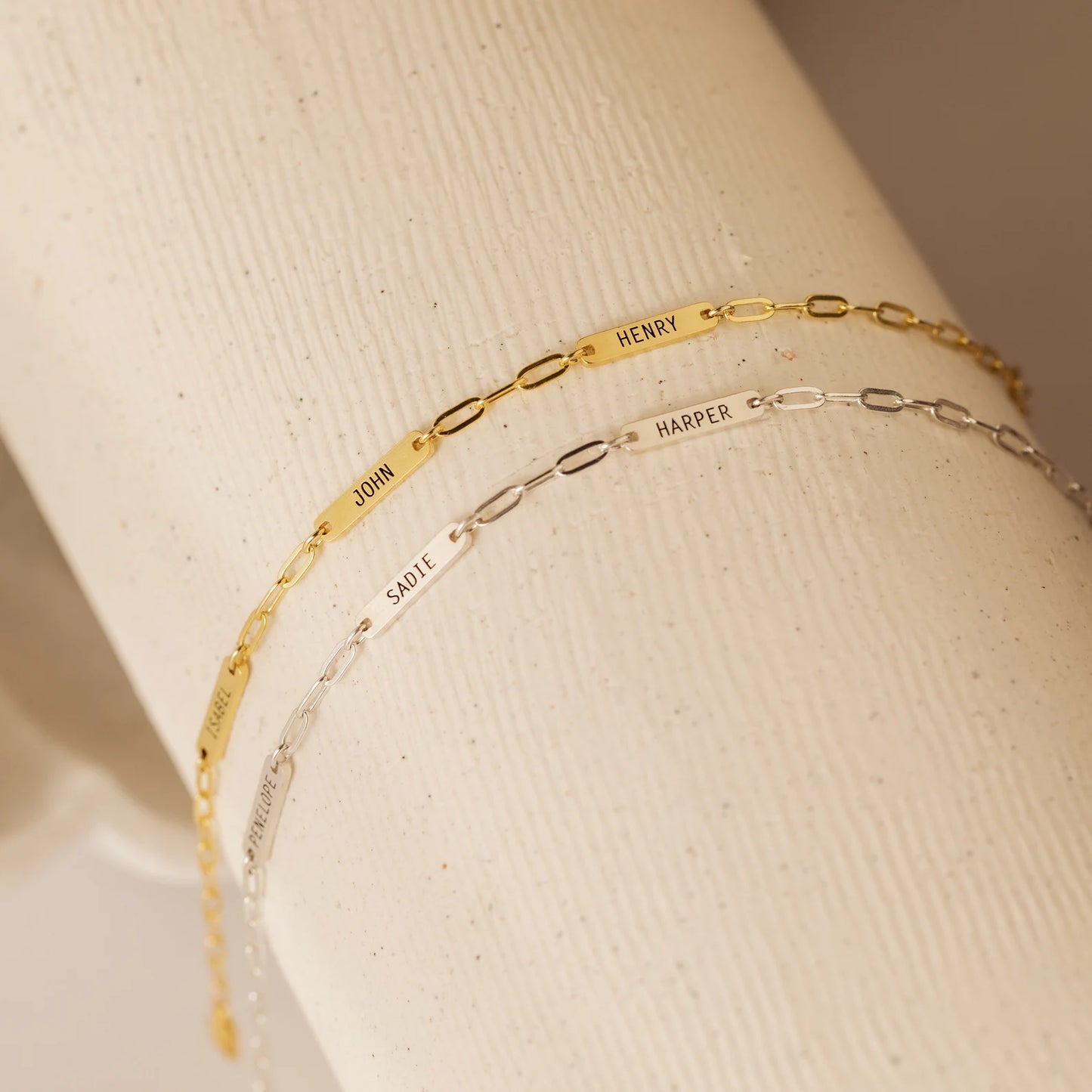 Engraved Charm Bracelet with a Dainty Paperclip Chain