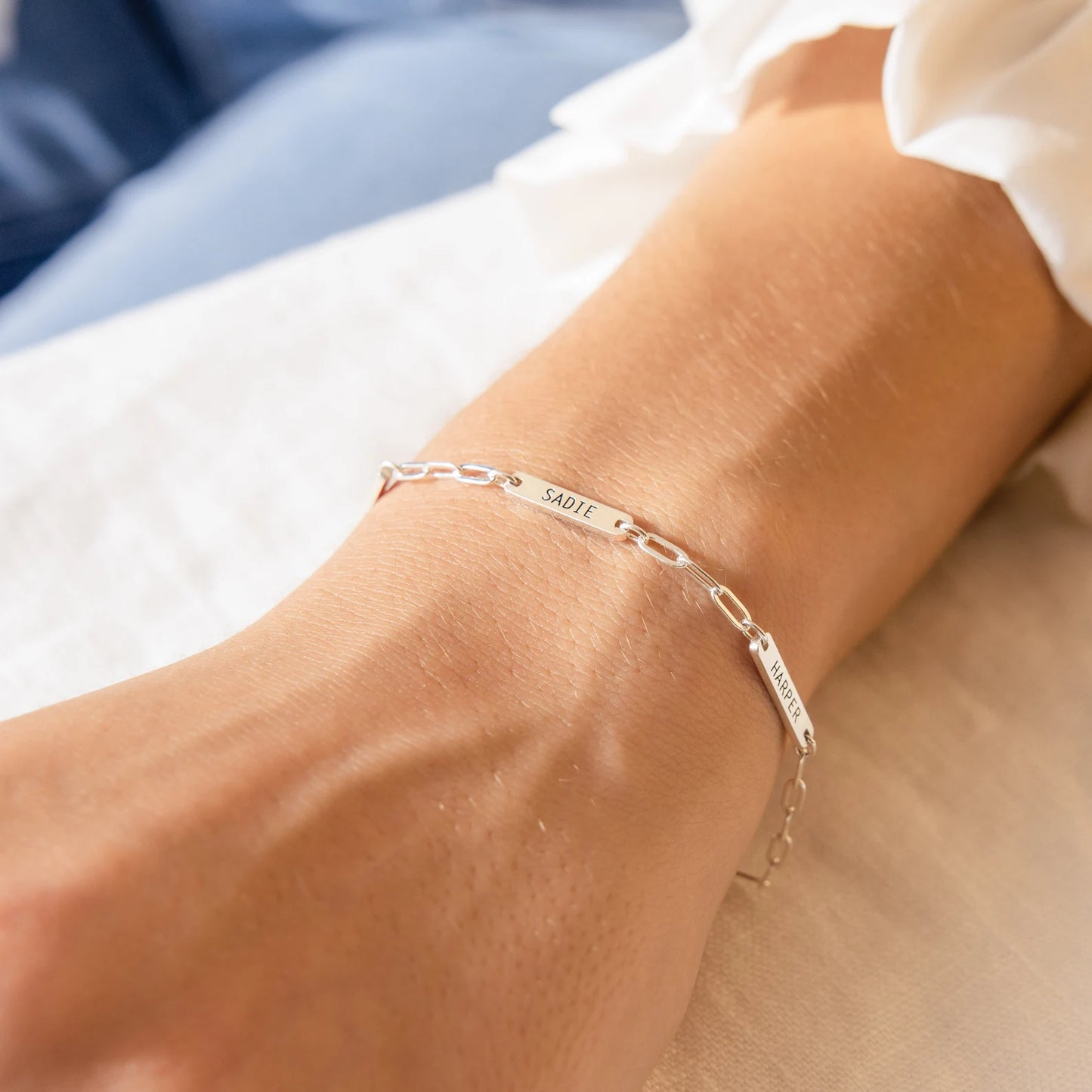 Engraved Charm Bracelet with a Dainty Paperclip Chain